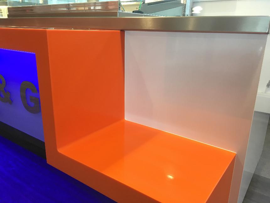 Tray pick up point coved upstand downstand drop down slab end waterfall end orange lg hi macs solid surface white gloss laminate panel formica polyrey