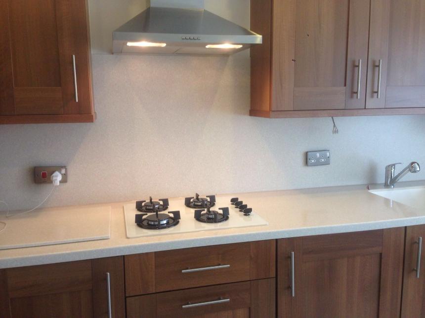 Tristone Beige Wales solid surface pure white seamless sink full height splashback kitchen worktop